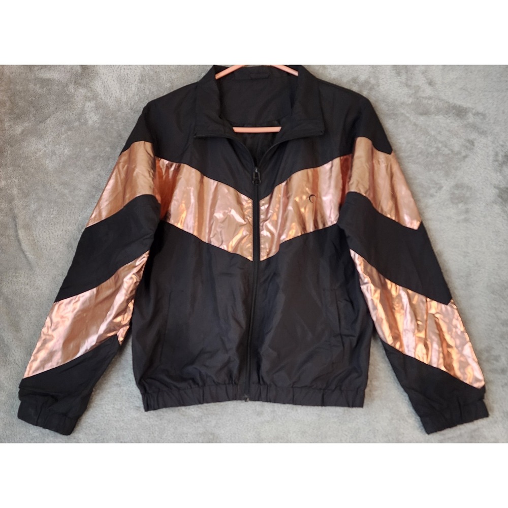 Zyia Active Jacket Womens XS Black Rose Gold Metallic Chevron Zip Up Windbreaker